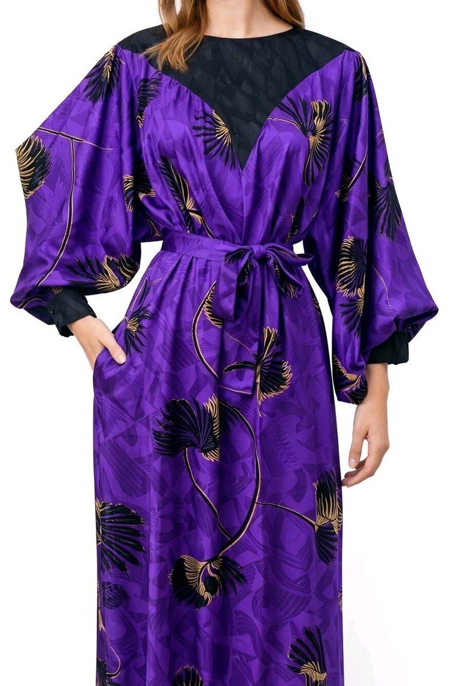 Vtg Silk Caftan Dress Purple Nora Noh Batwing Belted 80s 90s Dolman Resort